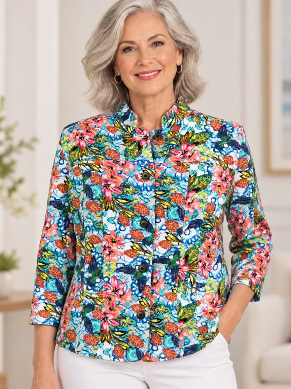 Christopher & Banks Floral Jacket Petite XL Linen Rayon Blend Dopamine Dressing